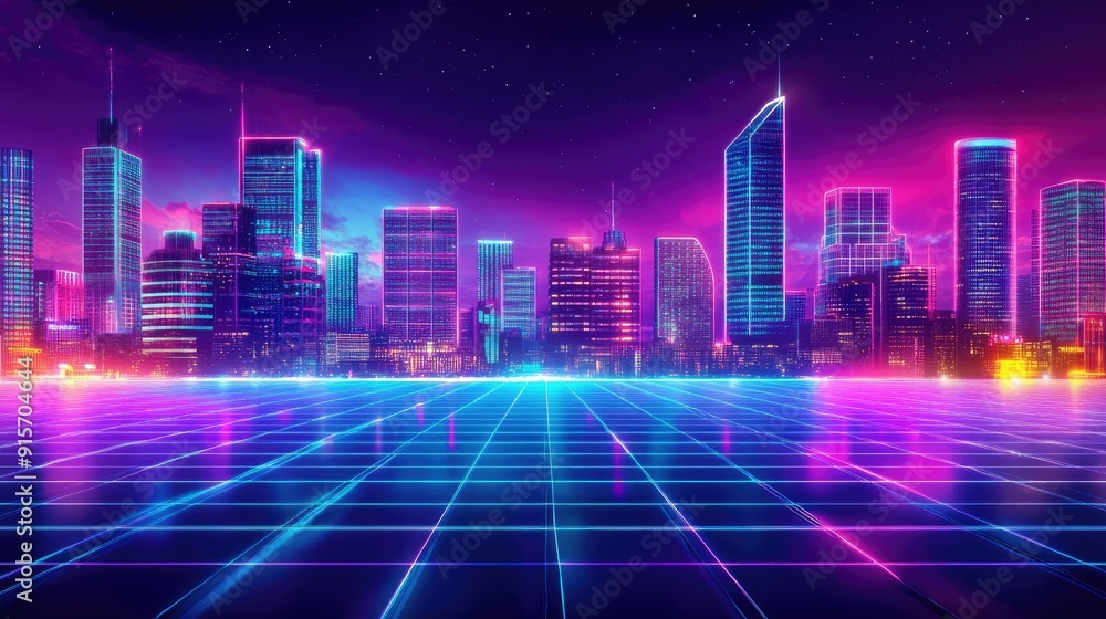 Naklejka premium Vibrant neon lights brighten a futuristic night city with a colorful backdrop. Wide cityscape view featuring cyberpunk and retro wave design.
