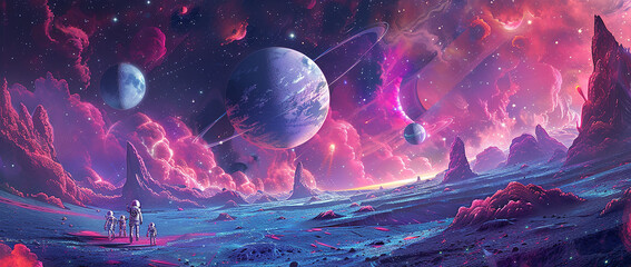 Papier peint photo Prune A surreal landscape of multiple planets and moons  © Ranju