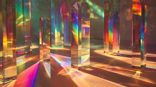 View of glass prisms and dichroic translucent stripes dispersing light into several colorful spectra, creating a beautiful effect. photo