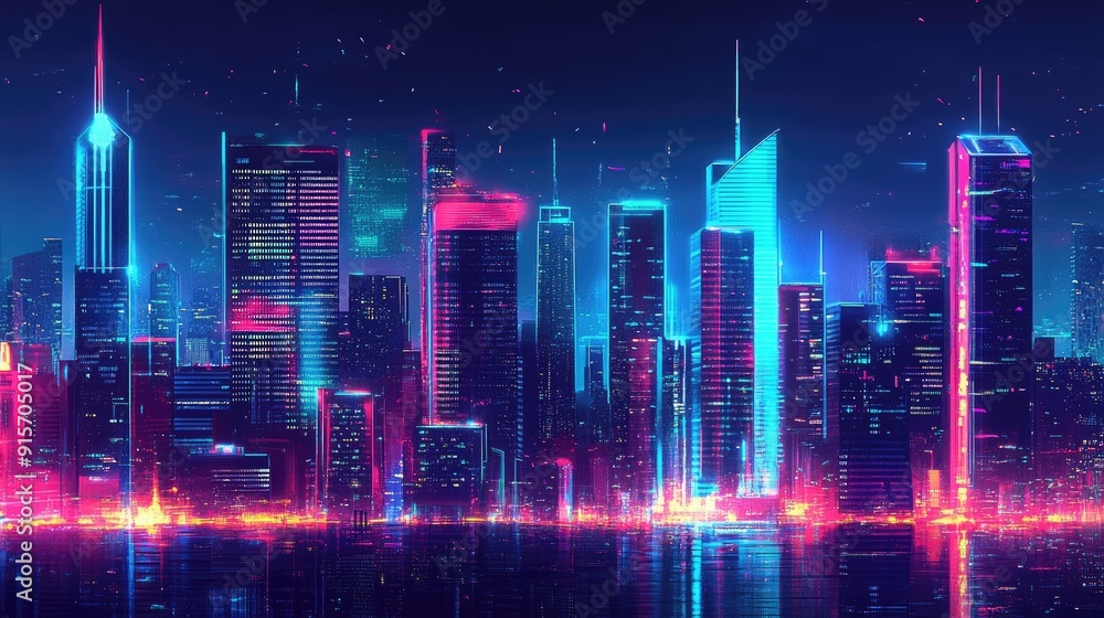 Wide view of a vibrant futuristic cityscape at night with colorful neon lights. Retro wave and cyberpunk style highlighting the bright city skyline. - Wide view of a vibrant futuristic cityscape at night with colorful neon lights. Retro wave and cyberpunk style highlighting the bright city skyline. -