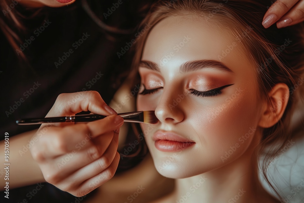 Professional Makeup Application on a Young Woman in a Softly Lit Studio Setting Professional Makeup Application on a Young Woman in a Softly Lit Studio Setting