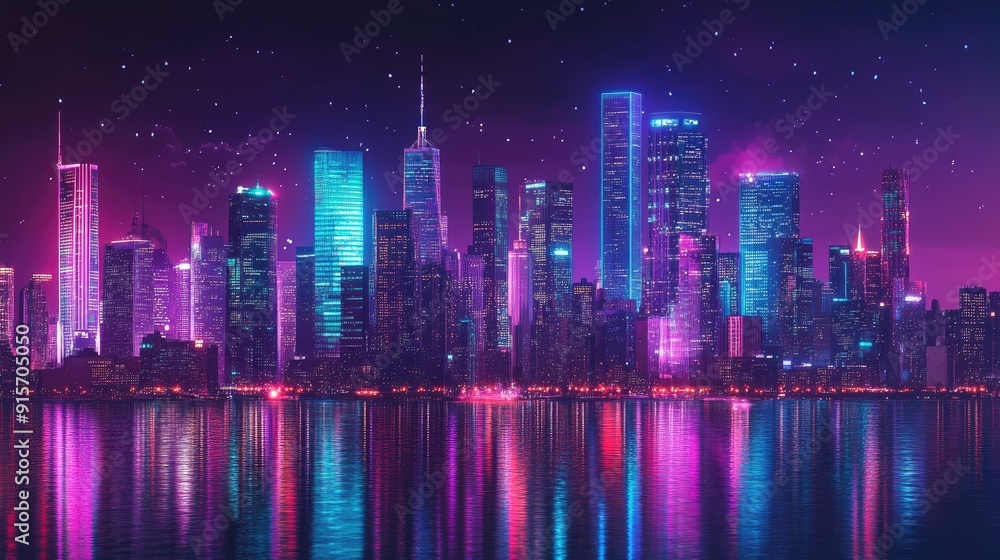 Wide view of a vibrant futuristic cityscape at night with colorful neon lights. Retro wave and cyberpunk style highlighting the bright city skyline. - Wide view of a vibrant futuristic cityscape at night with colorful neon lights. Retro wave and cyberpunk style highlighting the bright city skyline. -