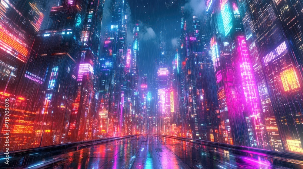 Wide-angle view of a futuristic cityscape at night, illuminated by colorful neon lights. Cyberpunk and retro wave elements in the vibrant city. Wide-angle view of a futuristic cityscape at night, illuminated by colorful neon lights. Cyberpunk and retro wave elements in the vibrant city.