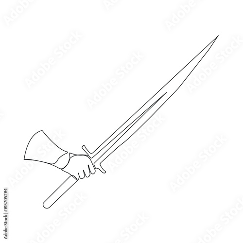 Hand holding sword continuous line art drawing. Hand-drawn sword outline vector isolated on white background.	
