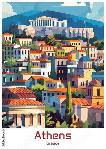 Athens Greece Poster Illustration Travel Print Decor Gift Paper Canvas Wall Retro Art #915705407