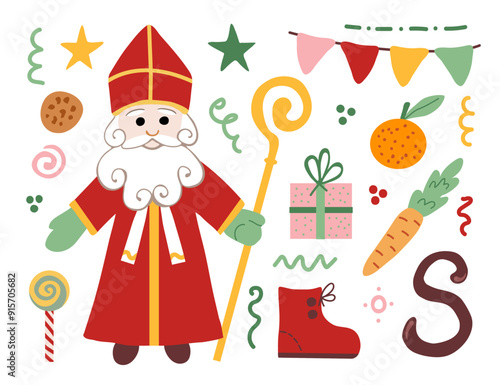 Sinterklaas in a red cassock and miter, staff in hand. Cookies and gifts, carrots, shoes. Garland with flags, stars. Festive set of simple elements. St. Nicholas Day.