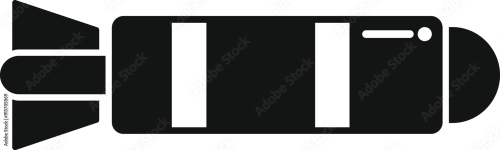 Black and white icon of a military torpedo, a self propelled underwater weapon Black and white icon of a military torpedo, a self propelled underwater weapon