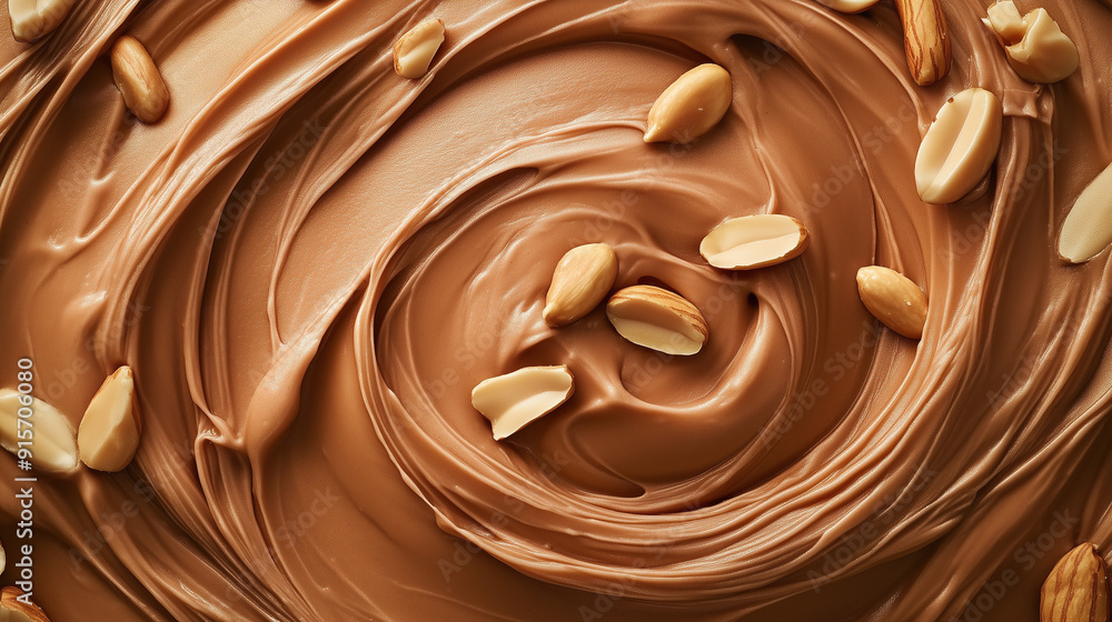 Smooth and creamy peanut butter background with intricate swirls, featuring whole peanuts and rich fudge pieces. This ultra-realistic, high-resolution macro view captures the delectable texture and in Smooth and creamy peanut butter background with intricate swirls, featuring whole peanuts and rich fudge pieces. This ultra-realistic, high-resolution macro view captures the delectable texture and in
