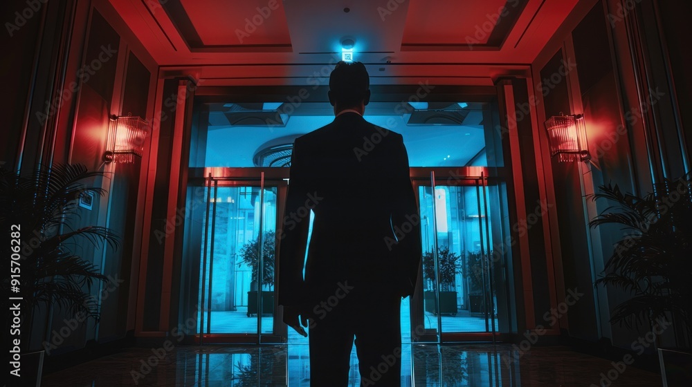 Silhouette of a Man in Suit Standing in a Lobby Silhouette of a Man in Suit Standing in a Lobby