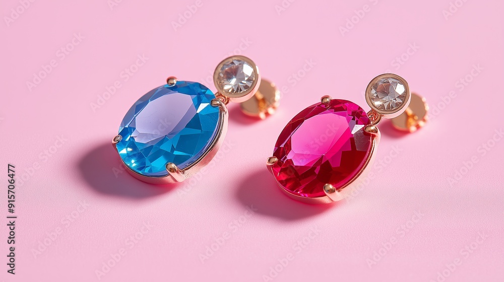 Two earrings with blue and pink stones. The blue earring is on the left and the pink earring is on the right Two earrings with blue and pink stones. The blue earring is on the left and the pink earring is on the right