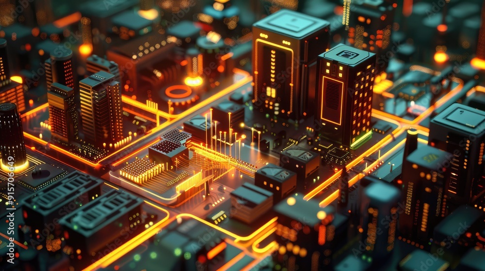 Neon-lit circuit boards creating a cityscape Neon-lit circuit boards creating a cityscape