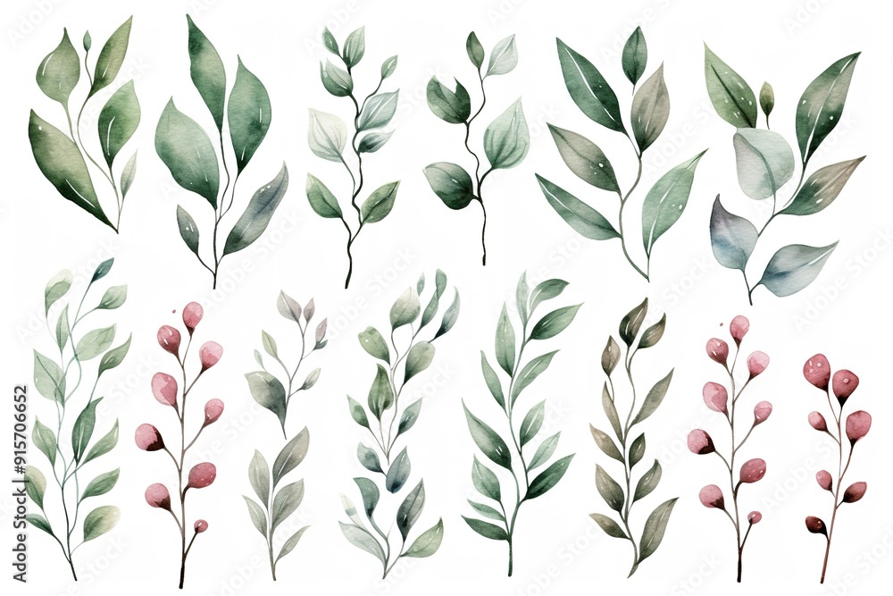 Fototapeta premium Watercolor illustration of various green and pink floral elements, perfect for invitations, cards and other designs.