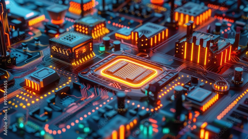 Obraz premium Neon-lit circuit boards creating a cityscape