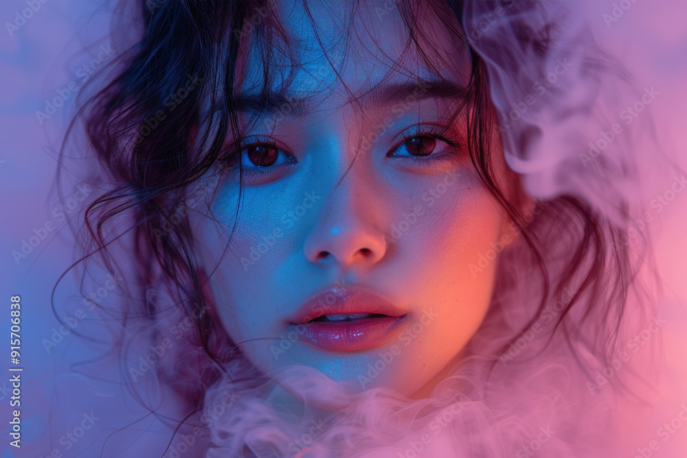 Dramatic portrait of woman in neon lights and smoke Dramatic portrait of woman in neon lights and smoke