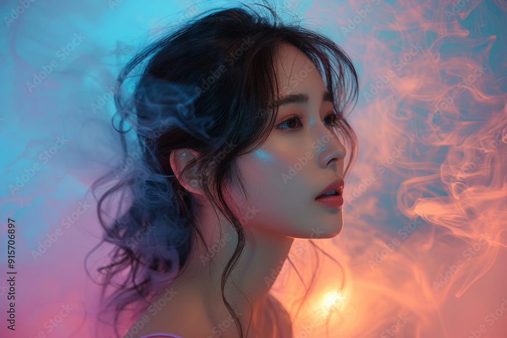 Dramatic portrait of woman in neon lights and smoke Dramatic portrait of woman in neon lights and smoke