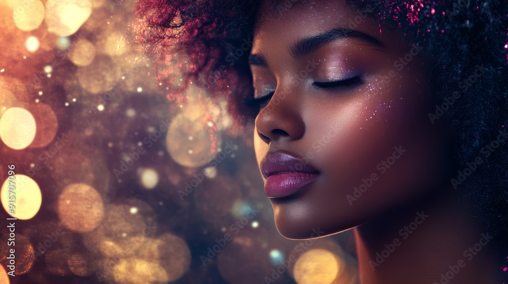A young model radiates beauty and calm amid a dreamy background of shimmering lights A young model radiates beauty and calm amid a dreamy background of shimmering lights