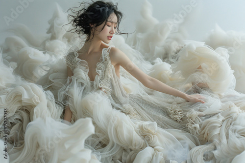 Ethereal woman in flowing dress surrounded by mist and fog