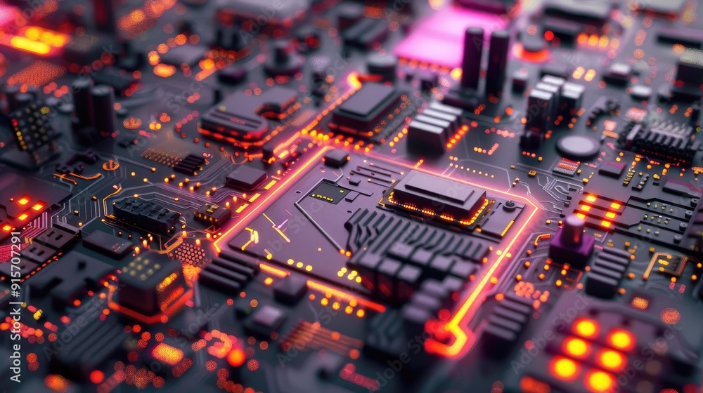 Neon-lit circuit boards creating a cityscape Neon-lit circuit boards creating a cityscape