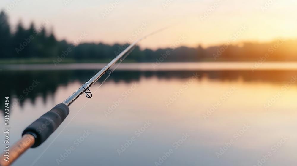 Closeup of a fishing rod with a calm lake in the background, peaceful Labor Day Closeup of a fishing rod with a calm lake in the background, peaceful Labor Day