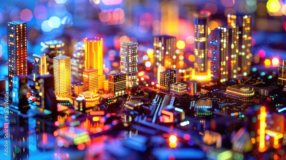 Neon-lit circuit boards creating a cityscape Neon-lit circuit boards creating a cityscape
