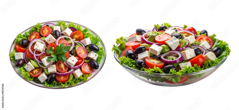 Greek salad, with feta cheese, olives, onions and tomotos, top view, isolated on transparent background Greek salad, with feta cheese, olives, onions and tomotos, top view, isolated on transparent background
