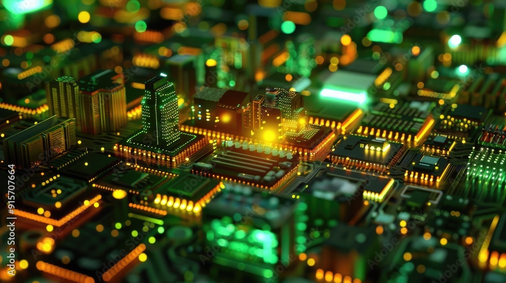 Neon-lit circuit boards creating a cityscape Neon-lit circuit boards creating a cityscape