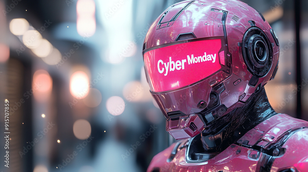 The android is a humanoid. The text is Cyber Monday. A place for the text. A banner with an android. The android is a humanoid. The text is Cyber Monday. A place for the text. A banner with an android.