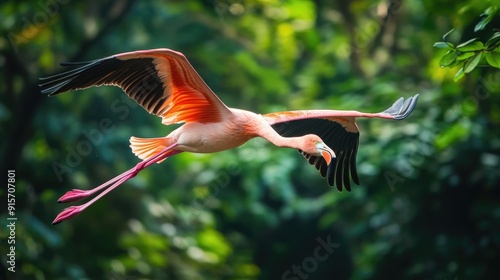 Pink Flamingo in Flight Against a Lush Green Background