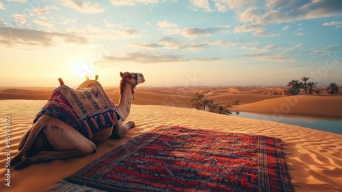 Camels are relaxing in the heat of the desert, siting down on the sand and in the background