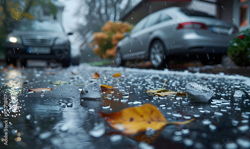Hail Storm Over Urban House: Glazed White Hailstones Blurring Car Wheels and Tree Leaves