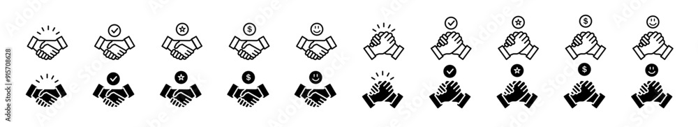 Handshake icon set.handshake or friendly handshake with check mark symbol.commitment with black handshake or handshake icon. Handshake icon set.handshake or friendly handshake with check mark symbol.commitment with black handshake or handshake icon.