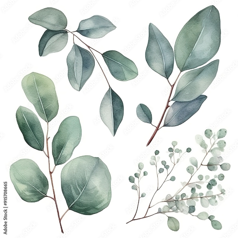 Watercolor illustration of four eucalyptus branches with green leaves. Watercolor illustration of four eucalyptus branches with green leaves.