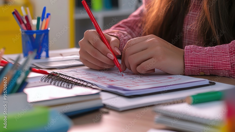 Close-up of a child's hands using a red pen to write in a planner, surrounded by colorful stationery and a vibrant workspace. Close-up of a child's hands using a red pen to write in a planner, surrounded by colorful stationery and a vibrant workspace.