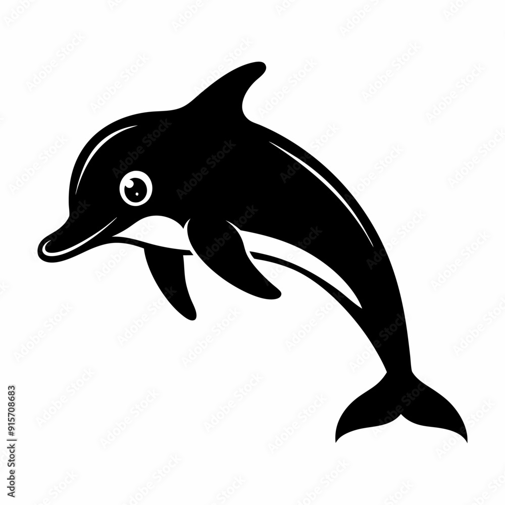 Naklejka premium Cute dolphin silhouette. Happy cartoon kawaii animal.