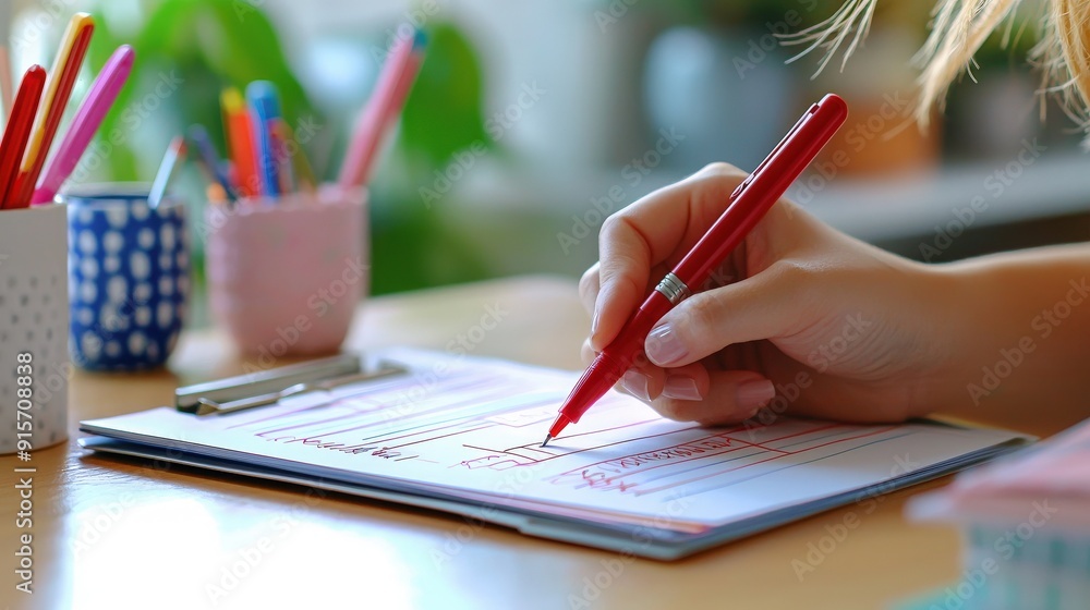 A close-up of a person writing with a red pen on a pad of paper, surrounded by vibrant stationery and a green plant. A close-up of a person writing with a red pen on a pad of paper, surrounded by vibrant stationery and a green plant.