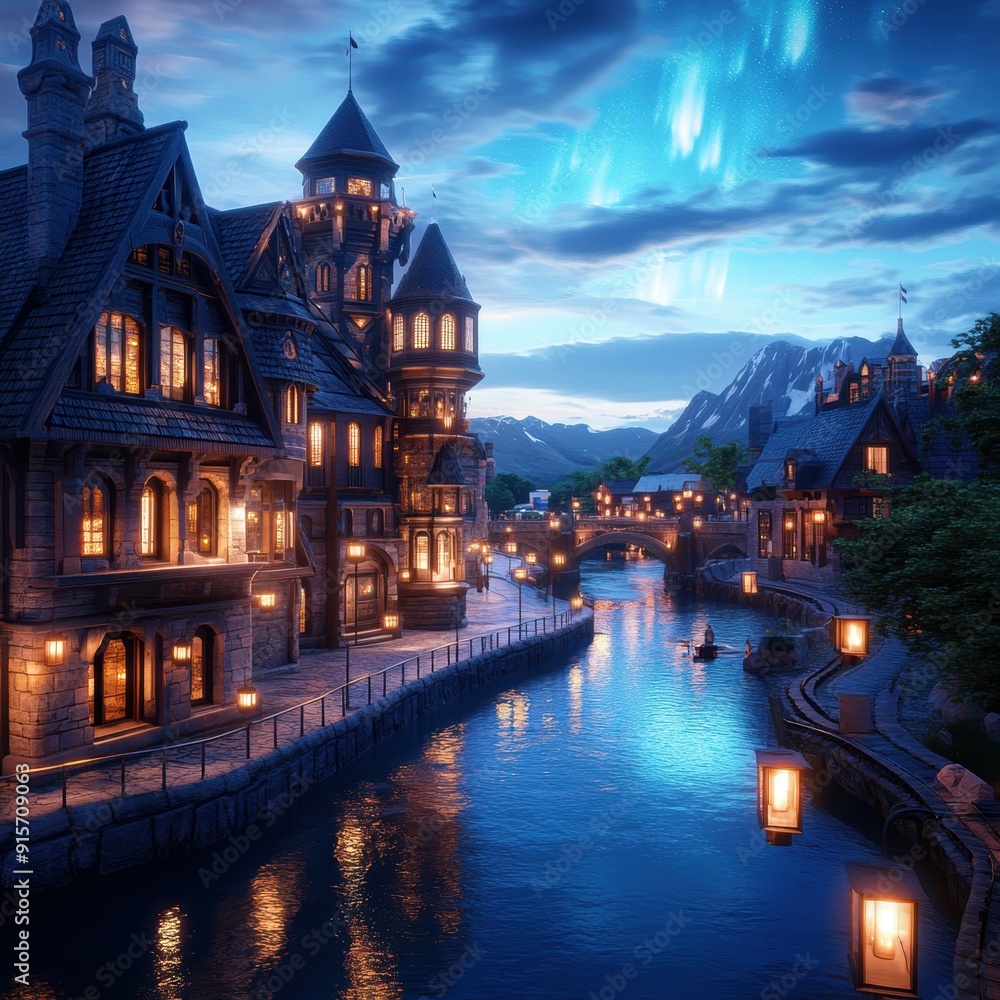 Obraz premium A charming riverside scene showcasing illuminated buildings under a beautiful night sky with glowing northern lights.