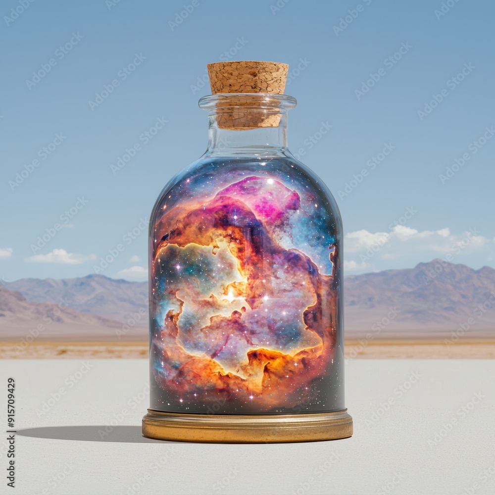A captivating glass jar filled with a vibrant galaxy, set against a serene desert landscape and clear blue sky. A captivating glass jar filled with a vibrant galaxy, set against a serene desert landscape and clear blue sky.