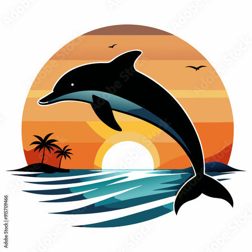 Dolphin in sea at sunset, palm trees in background