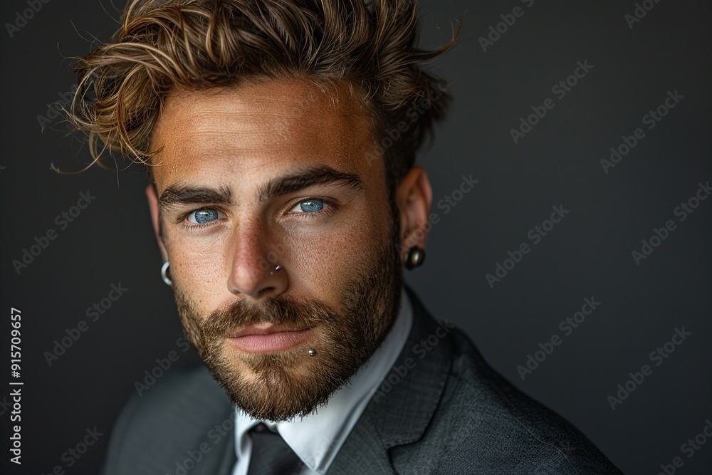 A close-up portrait of a man with a lip piercing, highlighting his strong features and subtle smile. The lighting creates contrasting shadows that accentuate the small diamond lip stud. A close-up portrait of a man with a lip piercing, highlighting his strong features and subtle smile. The lighting creates contrasting shadows that accentuate the small diamond lip stud.