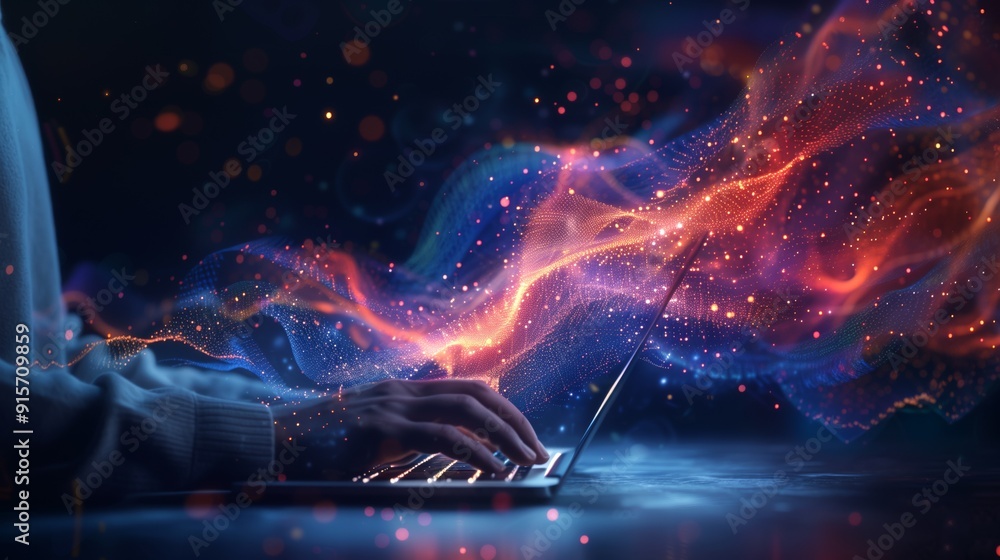 Abstract hands typing on keyboard with glowing data streams Abstract hands typing on keyboard with glowing data streams