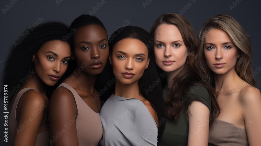 Obraz premium Five diverse multiethnic young women standing close together in a studio setting, showcasing natural beauty and inclusivity.