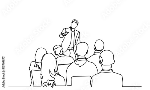One continuous line drawing of the Audience in the conference hall. The public speaker talks and gives instructions in the conference hall. The public speaker in lectures, in front of the audience.