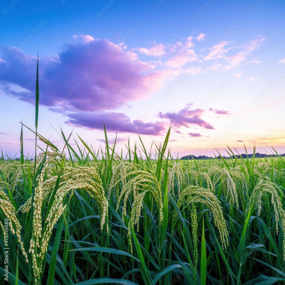Serene landscape showcasing golden rice plants under a vibrant sunset sky, perfect for nature and agriculture themes. Serene landscape showcasing golden rice plants under a vibrant sunset sky, perfect for nature and agriculture themes.