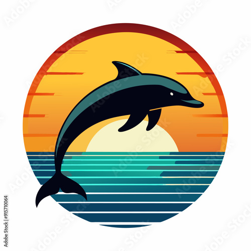 Illustration of Dolphin on sunset circle for t-shirt design