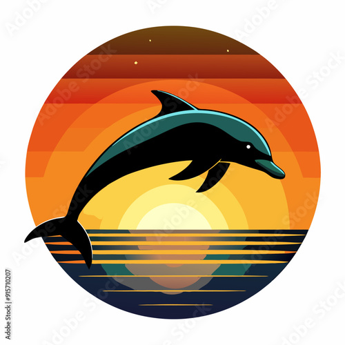 Illustration of Dolphin on sunset circle for t-shirt design