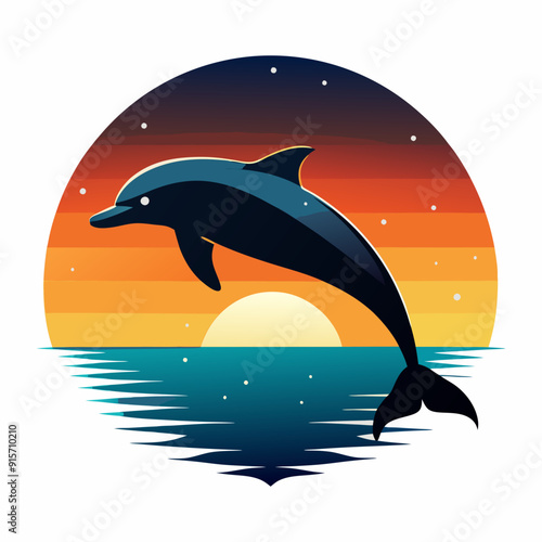 Illustration of Dolphin on sunset circle for t-shirt design