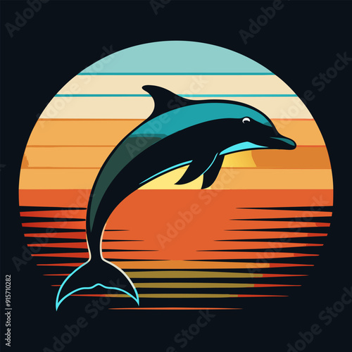 Illustration of Dolphin on sunset circle for t-shirt design