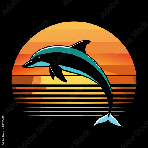 Illustration of Dolphin on sunset circle for t-shirt design