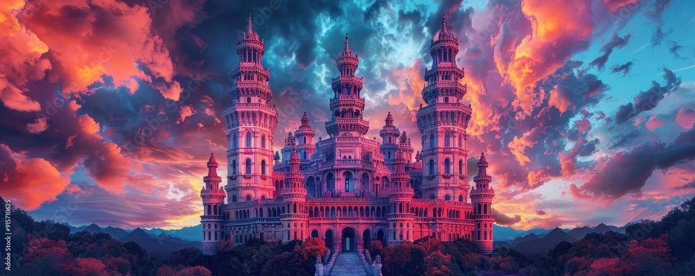 Fototapeta premium A majestic fantasy castle rises against a vivid twilight sky