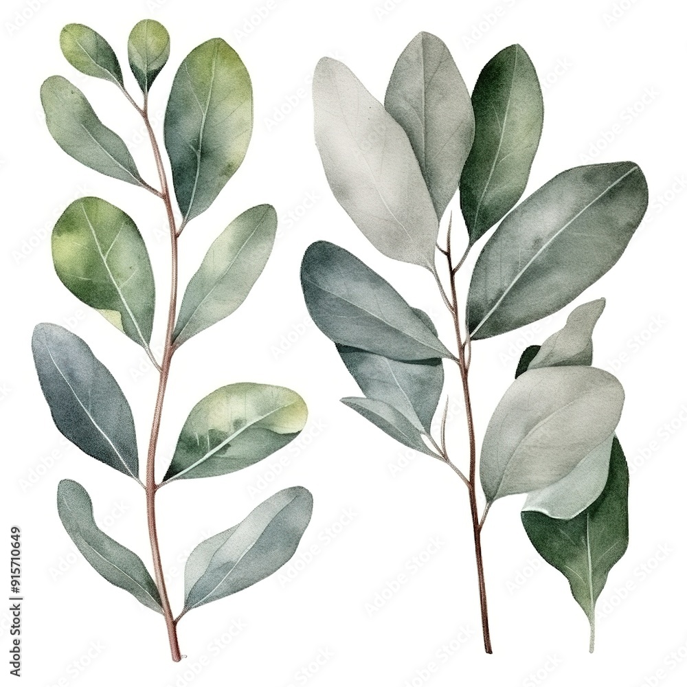Two watercolor green branches with leaves isolated on white background. Two watercolor green branches with leaves isolated on white background.
